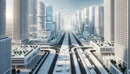 The metropolis hummed with a futuristic energy, its digital towers and sleek skyscrapers reaching towards the sky, while bustling cars and mixed buildings created cityscape technology and modernity