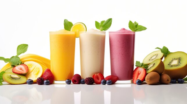 different smoothies of berry, banana with tangerine, kiwi, strawberries isolated on white background. Horizontal. Front view.