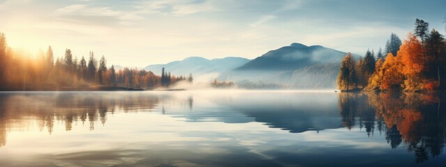 Colorful morning landscape of misty lake and mountains at sunrise. Beautiful autumn panoramic view....