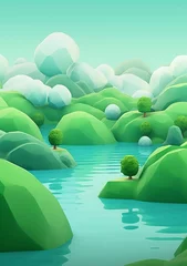 Poster Cartoon style landscape with grass and clouds Created with generative Ai © Sanuar_husen