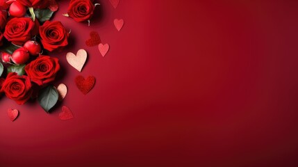 Valentine day copyspace with rose and red heart on red background.