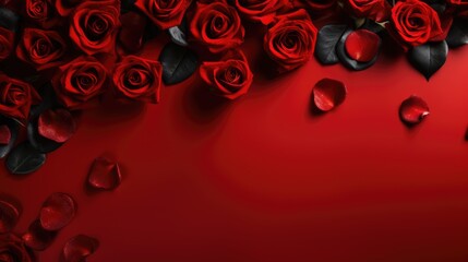 Valentine day copyspace with rose and red heart on red background.