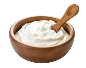 Fototapeta na wymiar bowl of sour cream with a wooden spoon on isolated transparent background 