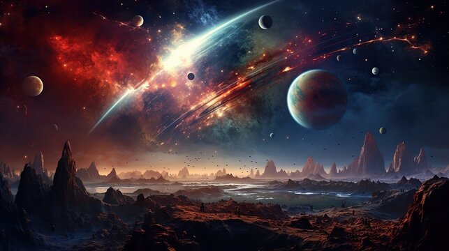 Fantasy of Another world with planet landscape background. AI generated image