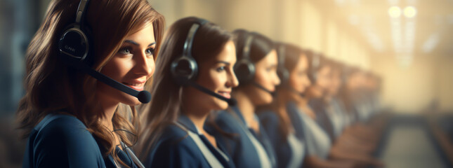 Customer care representative wearing a headset and smiling while consulting a client online. Call center and business people concept.