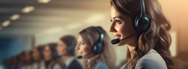 Customer care representative wearing a headset and smiling while consulting a client online. Call center and business people concept. - obrazy, fototapety, plakaty