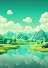 Foto op Aluminium Cartoon style landscape with grass and clouds Created with generative Ai © Sanuar_husen