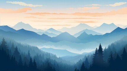 Beautiful mountain landscape at sunrise. Stunning foggy landscape of mountains and forest...