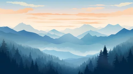 Photo sur Plexiglas Himalaya Beautiful mountain landscape at sunrise. Stunning foggy landscape of mountains and forest silhouettes. Great view for the background. Vector illustration