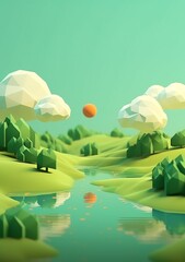 Cartoon style landscape with grass and clouds Created with generative Ai