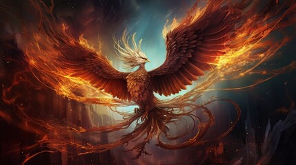 Fire burning Phoenix Bird with fantasy background. AI generated image
