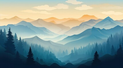 Beautiful mountain landscape at sunrise. Stunning foggy landscape of mountains and forest silhouettes. Great view for the background. Vector illustration - Powered by Adobe