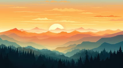 Cercles muraux Himalaya Beautiful mountain landscape at sunrise. Stunning foggy landscape of mountains and forest silhouettes. Great view for the background. Vector illustration