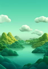 Rolgordijnen Cartoon style landscape with grass and clouds Created with generative Ai © Sanuar_husen