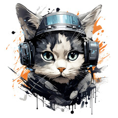 Futuristic cute tiny cat with flat 2d illustration of multilayered abstract collages style, headphone Featuring Futuristic Technology Concept Isolated on a Transparent Background