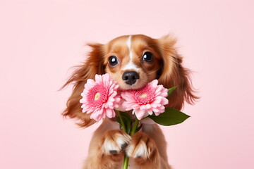 Cute spaniel dog holding bouquet of spring pink flowers isolated on pink background. Valentine’s...
