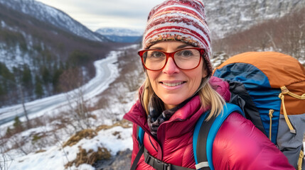 Fototapeta na wymiar A portrait of smiling girl tourist in beautiful mountain tracking route. Woman wear the sport active wear with backpack. Ai generative