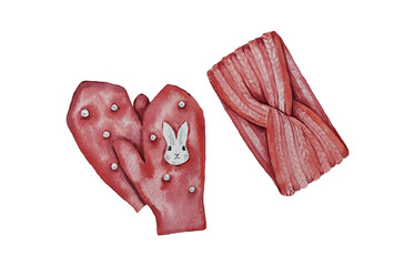 Mittens and headband red knitted winter accessories with rabbit decor Christmas set watercolor drawing on white background