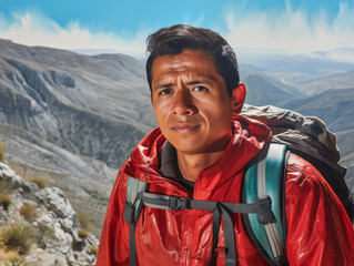 Naklejka premium A portrait of handsome guy tourist in beautiful mountain tracking route. Man wear the sport active wear with backpack. Ai generative