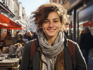 Portrait of a young attractive woman with curly hair. She dreams of future, smiles, looks into the camera. Modern city life diversity concept. Different people. Ai generative