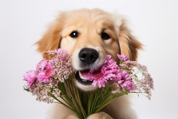 Happy retriever dog holding bouquet of spring wild flowers isolated on white background. Valentine’s day or Mother’s day concept