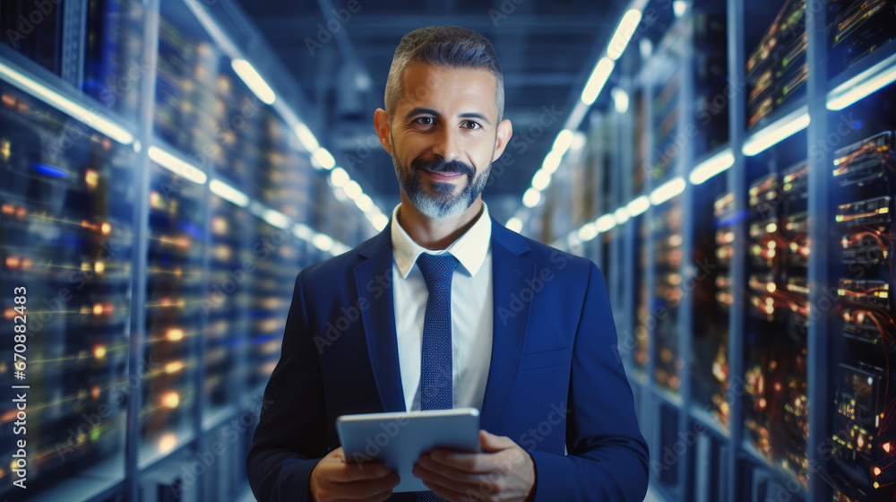 Poster server room specialist, cyber security concept. portrait of man. system engineer with tablet compute