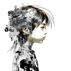 Asia Cute Boy in the Style of Multilayered Abstract Collages Illustrations, Newspaper Headlines, Deconstructive Imagery Featuring Futuristic Technology Concept Isolated on a Transparent Background