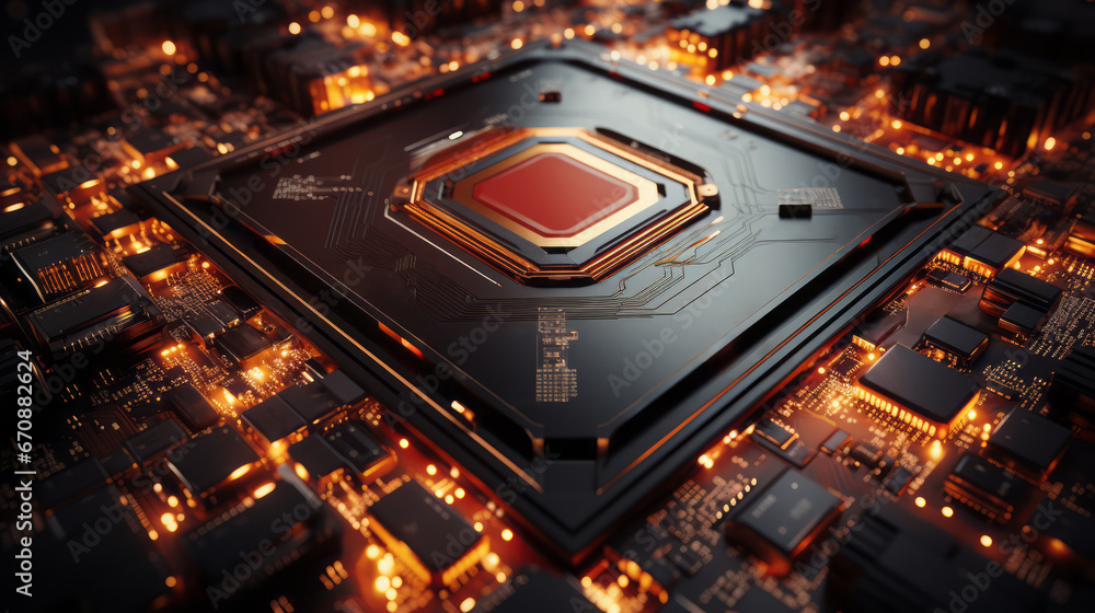 Poster closeup hardware background of motherboard. circuit cpu microchip digital. ai generative illustratio