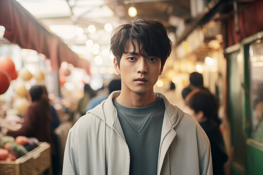 a young and handsome korean man is standing in a market area