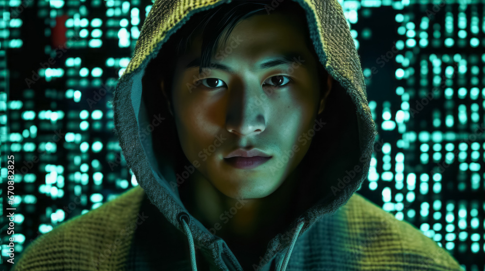 Poster a hacker man in a hoodie sitting with green blurred backdrop. concept of data protection. ai generat