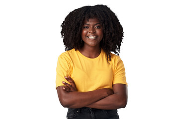 Fashion, portrait and black woman with arms crossed, smile and isolated on a transparent png...