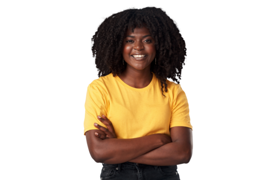 Fashion, portrait and black woman with arms crossed, smile and isolated on a transparent png background. Face, natural confidence and happy African model from Nigeria with tshirt or casual clothes