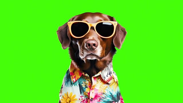 Funny dog wearing glasses and dressed for summer on green screen background
