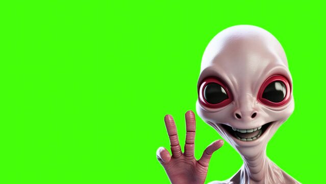 Alien greeting and hello to earth on green screen background