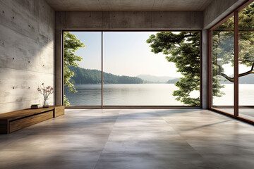 Naklejka premium Interior of modern loft with concrete floor and panoramic windows