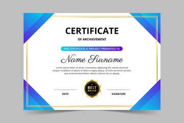 Modern elegant blue and gold certificate template. Appreciation for business and education. Vector illustration