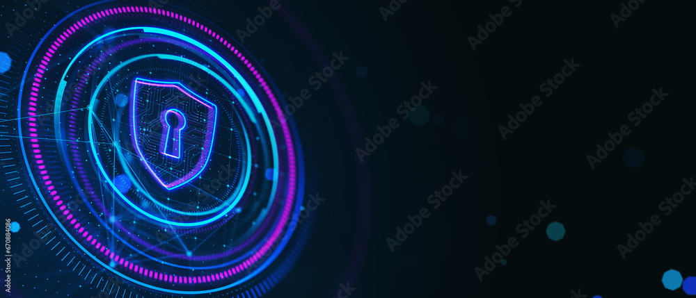 Aufkleber Creative digital round polygonal shield button on dark wide background with mock up place. Secure, safety and web protection concept. 3D Rendering.