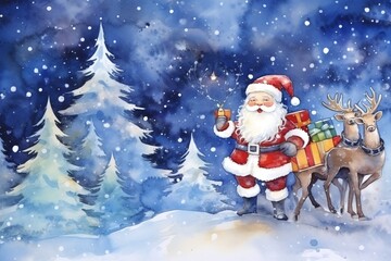 Christmas Santa Claus on a sleigh pulled by a reindeer background wallpaper