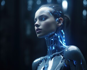 a robotic woman of blue glowing light
