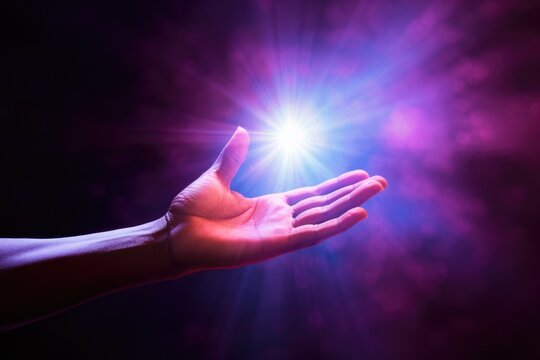 hand reaching out toward a glowing light on purple background 