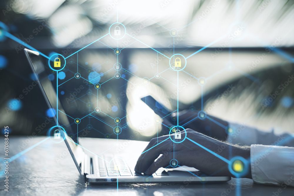 Poster Close up of male hands using laptop and cellphone with creative glowing hexagonal pattern with tiny padlocks on blurry outdoor background. Digital security and firewall concept. Double exposure.