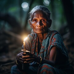 Portrait of Sri Lanca old woman with a candle in her hands. Generative Ai.