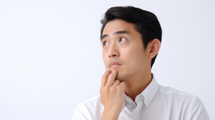 A Japanese man looks to the left in a thinking pose