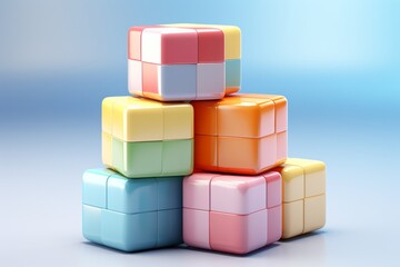 Obraz premium Stack of toy bricks, symbolizing the foundation of imagination in gentle pastel tones, on isolated on pastel background, Generative AI