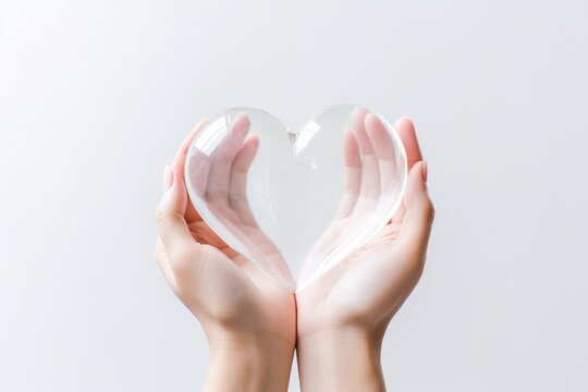 A close-up of a hand holding a transparent glass heart in a poster style