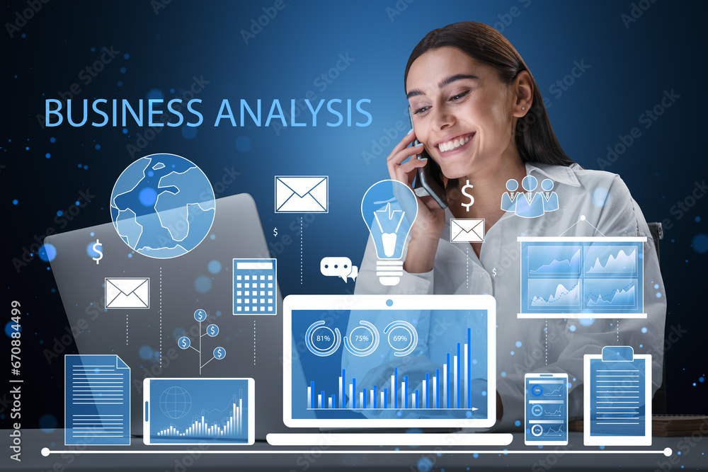 Poster attractive happy businesswoman talking on the phone and using laptop at desk with financial data and