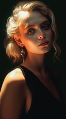 a blond woman with gold earrings in a black top
