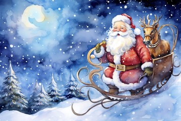 Christmas Santa Claus on a sleigh pulled by a reindeer background wallpaper