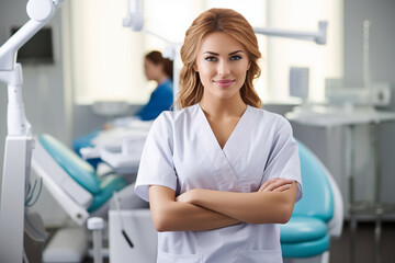 White female dentist stands with arms crossed in her clinic