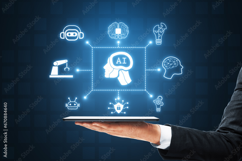 Poster close up of businessman hand holding mobile phone with creative glowing ai hologram with digital hum